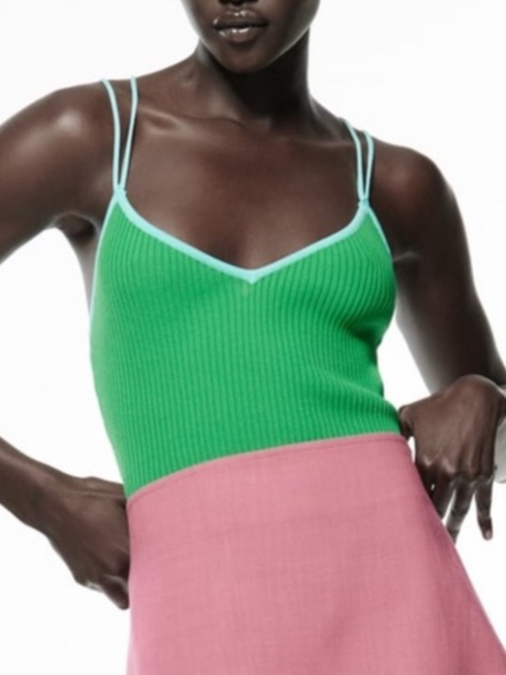 Zara Green Blue Strappy Stretchy Knit V Neck Tank Top Size Large